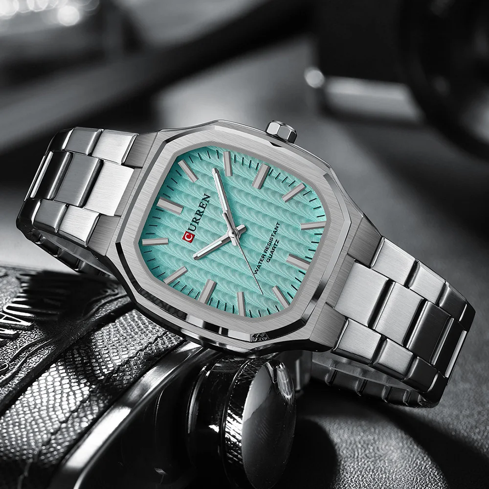 CURREN Luxury Business Square Quartz Watches Classic Stripe Design Dial with Stainless Steel Band Wristwatch for Men - الصورة 5