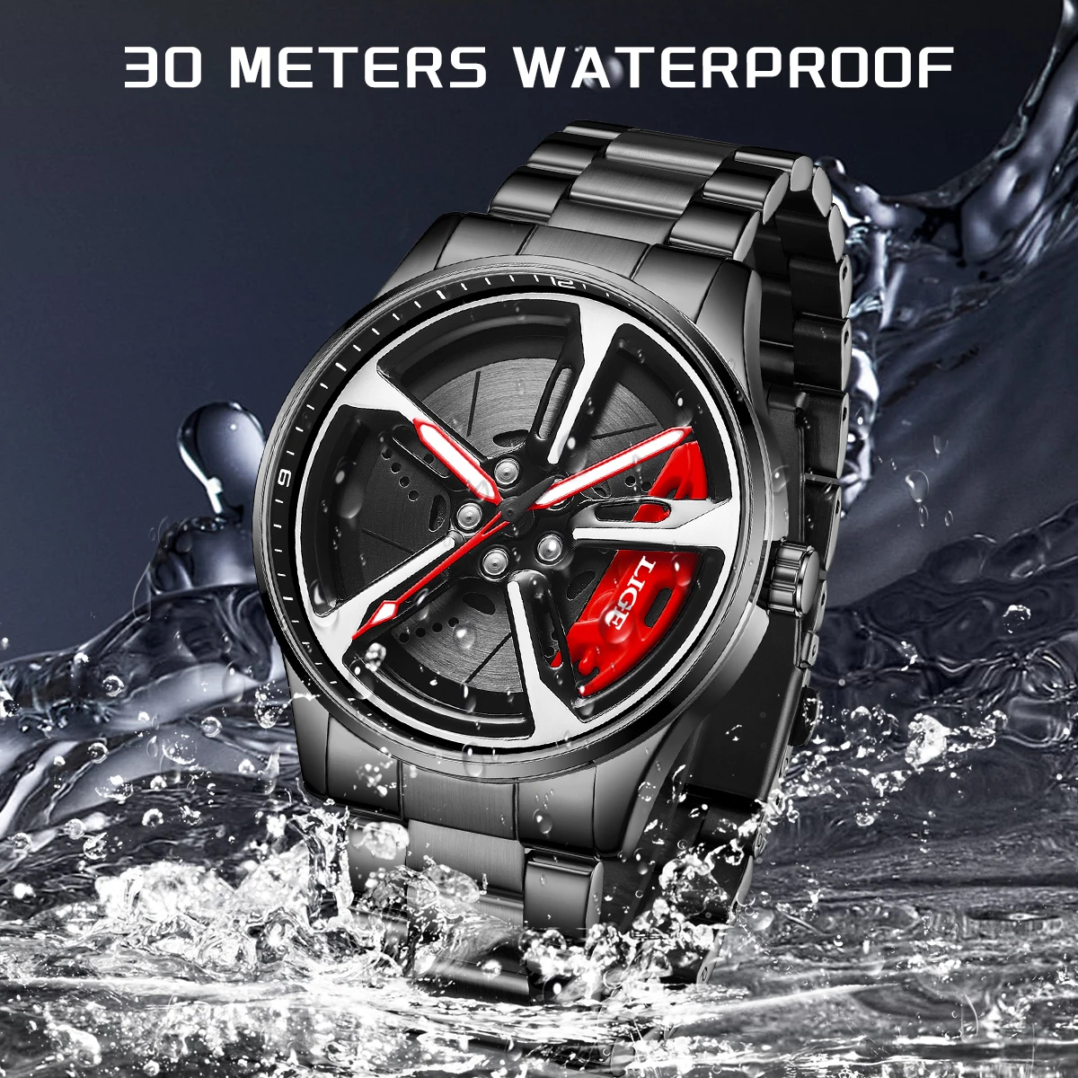 LIGE New Sport 3d Car Wheel Rim Hub Watch Fashionable Rotating Dial Stainless Steel Strap Waterproof Quartz Watches reloj hombre - الصورة 4