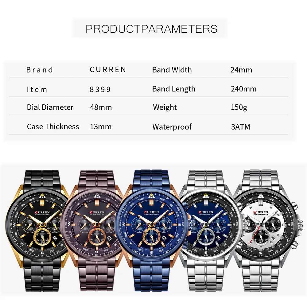 CURREN Luxury Brand Watches for Men Casual Sporty Quartz Wristwatch with 316 Stainless Steel Band Chronograph Clock Male Silver - الصورة 4