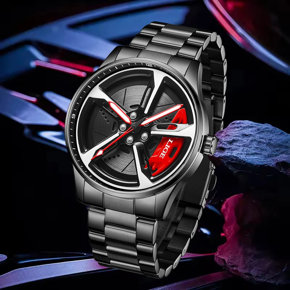 LIGE New Sport 3d Car Wheel Rim Hub Watch Fashionable Rotating Dial Stainless Steel Strap Waterproof Quartz Watches reloj hombre - الصورة 2