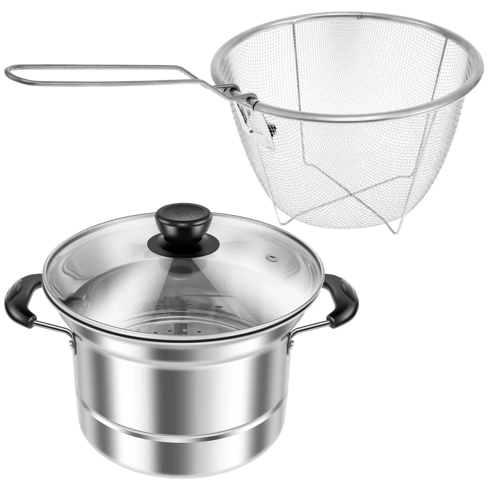 Deep Fryer Pot with Strainer Basket and Lid Stainless Steel Kitchen Tempura Fryer Pan Portable Multifunctional Deep Frying Pot