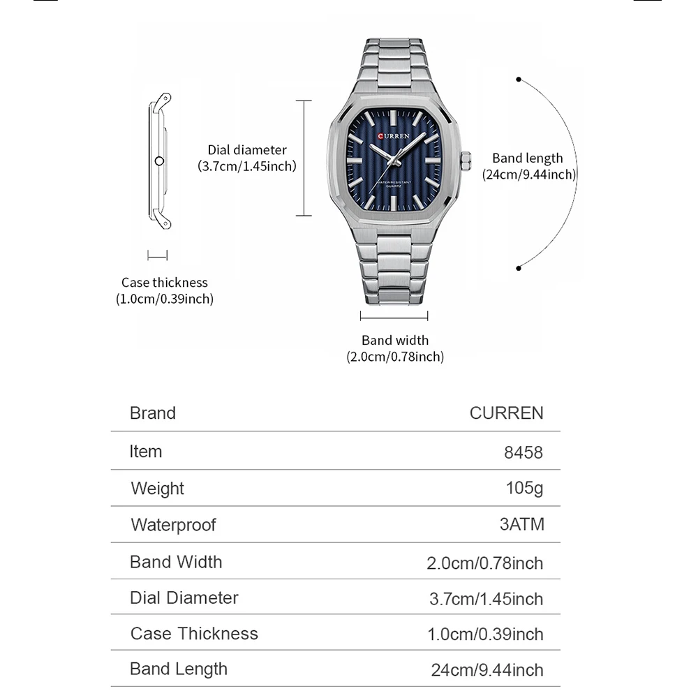 CURREN Luxury Business Square Quartz Watches Classic Stripe Design Dial with Stainless Steel Band Wristwatch for Men - الصورة 4
