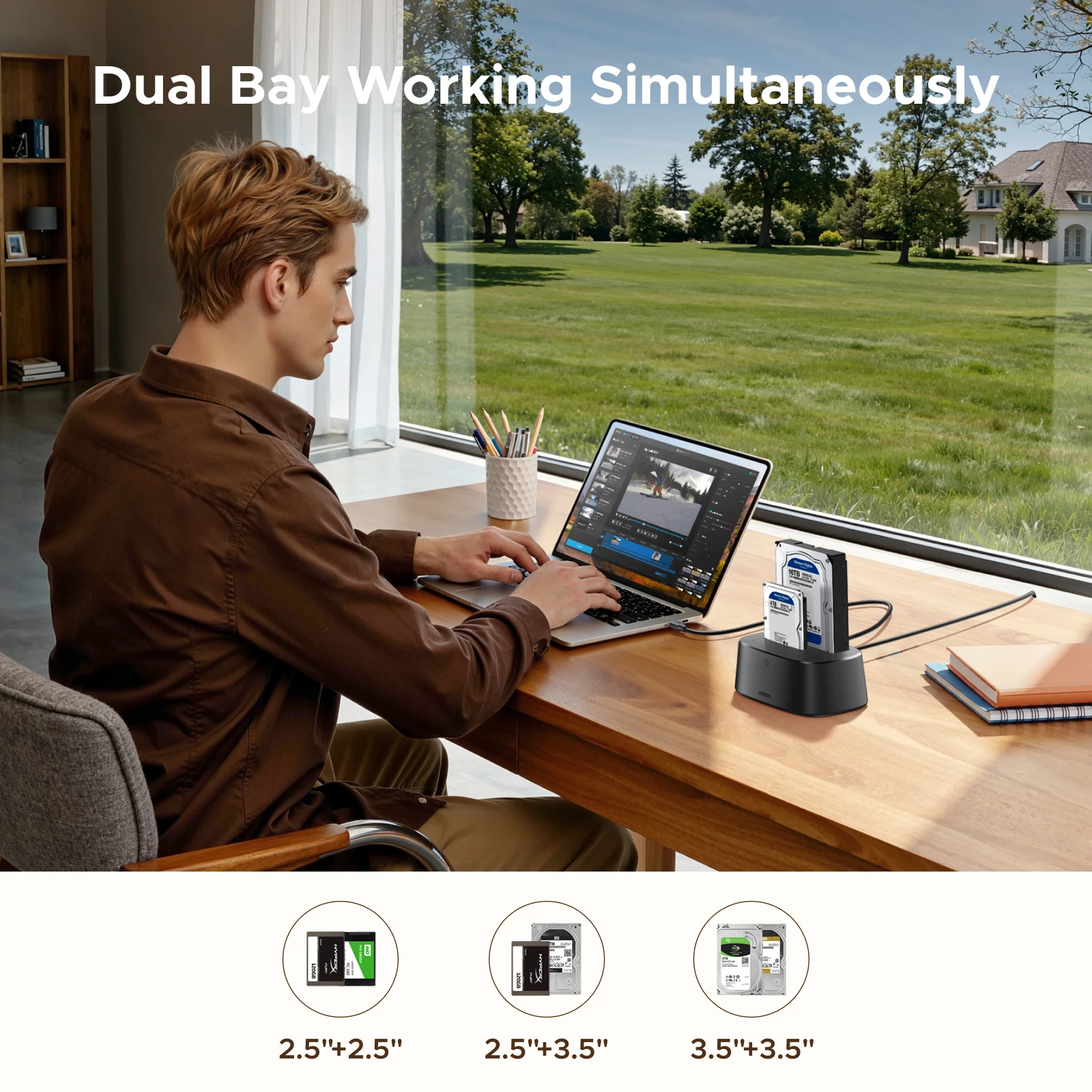 UGREEN 5Gbps HDD Docking Station Dual-Bay EU Power SATA to USB 3.0 Adapter for 2.5 3.5 SSD Disk Case Hard Drive Enclosure - الصورة 2