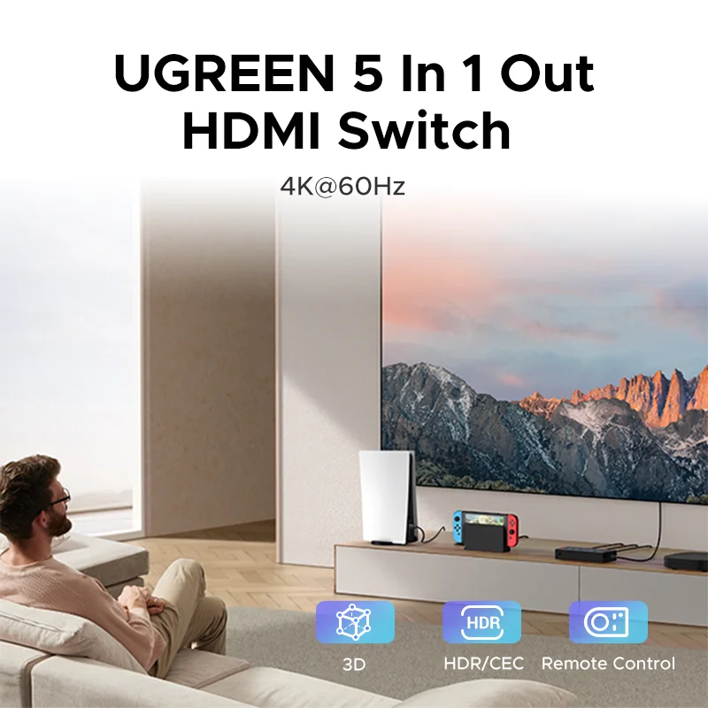 UGREEN HDMI Switch 5 in 1 Out 4K 60Hz HDMI Switcher with Remote Control for PS5 PS4 TV Monitor Projector CEC HDR HDCP 2.2 - الصورة 2