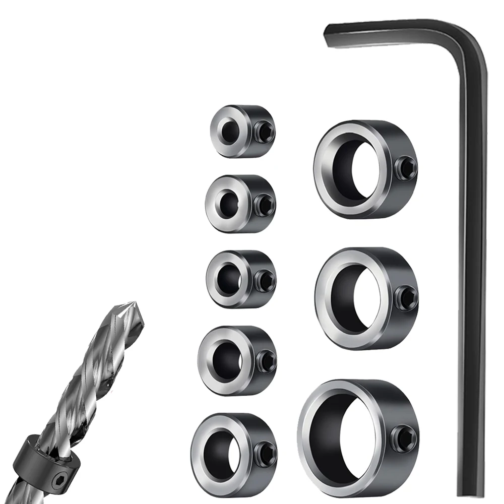 9PCS Drill Depth Stop Bit Collar Set Adjustable Positioner Limit Ring Allen Wrench Tighten Stopper Set-Screws Woodworking Tool