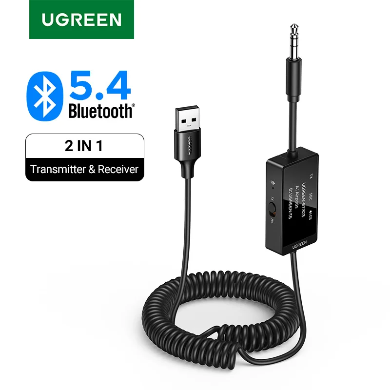 UGREEN Bluetooth 5.4 Music Receiver Transmitter Adapter OLED Display Wireless 3.5mm Audio USB Adapter Spring for Home Stereo Car