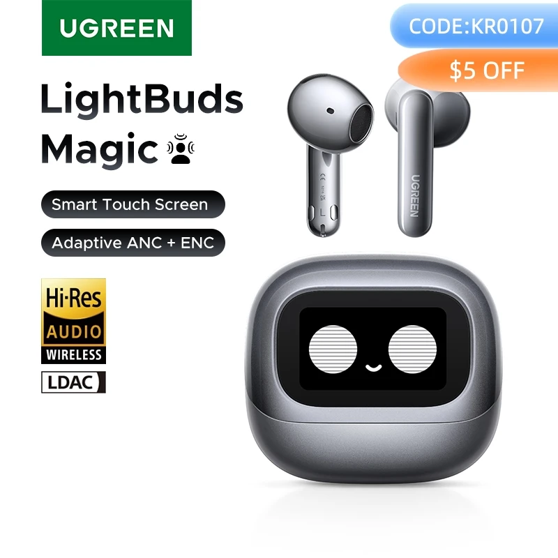 UGREEN Lightbuds Semi-open Adaptive Active Noise Cancellation ANC Wireless Bluetooth Earphones With LCD Full Color Smart Screen