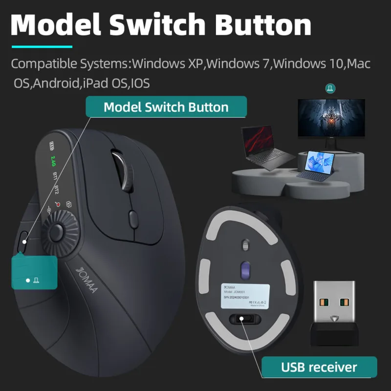 Multi-Device Vertical Ergonomic Mouse With Function Adjustment Kno Rechargeable 2.4G Bluetooth Wireless Mouse for PC Tablet - الصورة 6