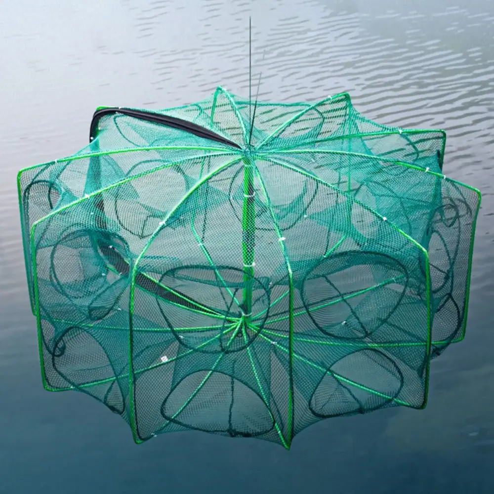 Durable Foldable Fishing Net 6/8/10 Holes Green Hand Fishing Net Nylon 40~82cm Tank Trap Cage Mesh Tool