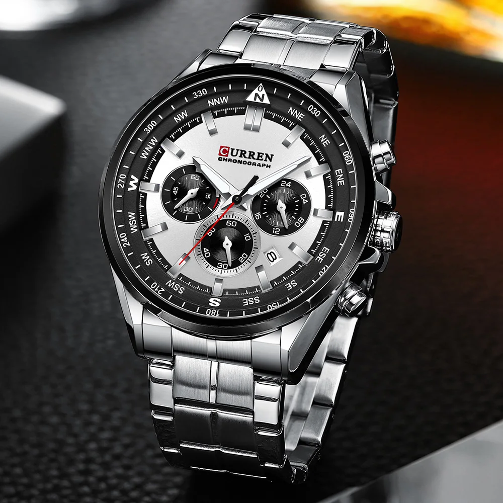 CURREN Luxury Brand Watches for Men Casual Sporty Quartz Wristwatch with 316 Stainless Steel Band Chronograph Clock Male Silver - الصورة 2