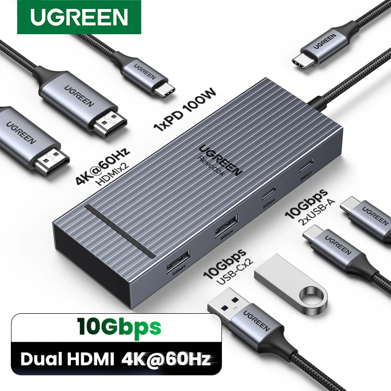 UGREEN USB C HUB Dual HDMI 7-in-1 Type-C to 4K60Hz 2HDMI 10Gbps USB-A&C Ports PD100W for MacBookPro Laptop USB Splitter Docking