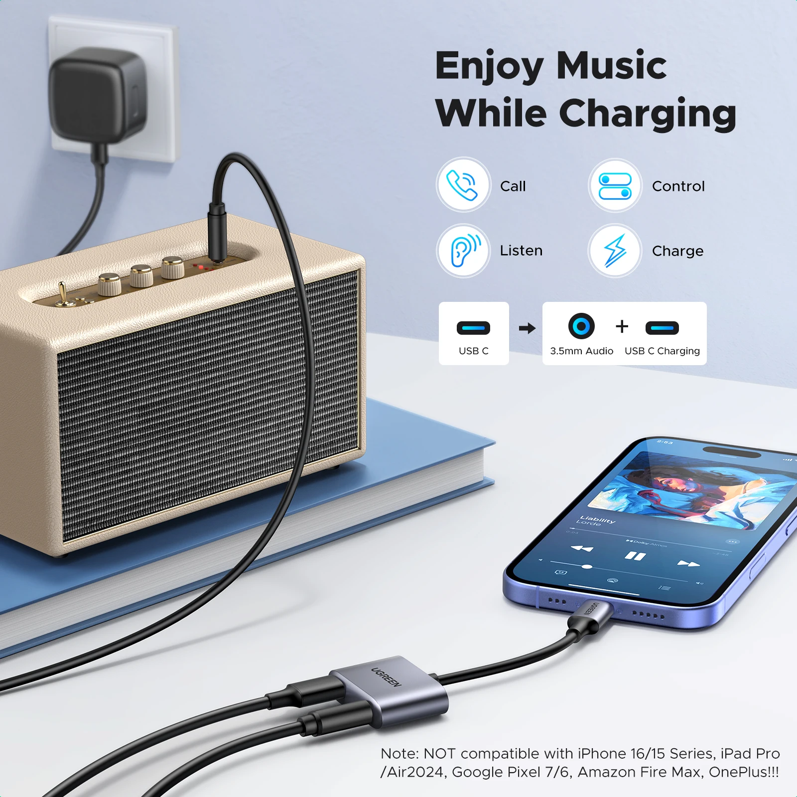 UGREEN USB C to AUX Cable Adapter Type C 3.5mm AUX Earphone Converter DAC Chip PD QC Charging For Huawei iPad Pro Samsung Pixel - الصورة 2