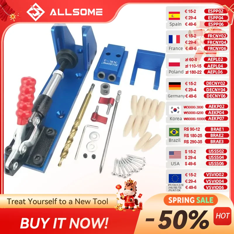 ALLSOME Wood Working Tool Pocket Hole Jig with Toggle Clamp and 9.5mm Drill Bit PH1 Screwdriver For Carpenter Hardware