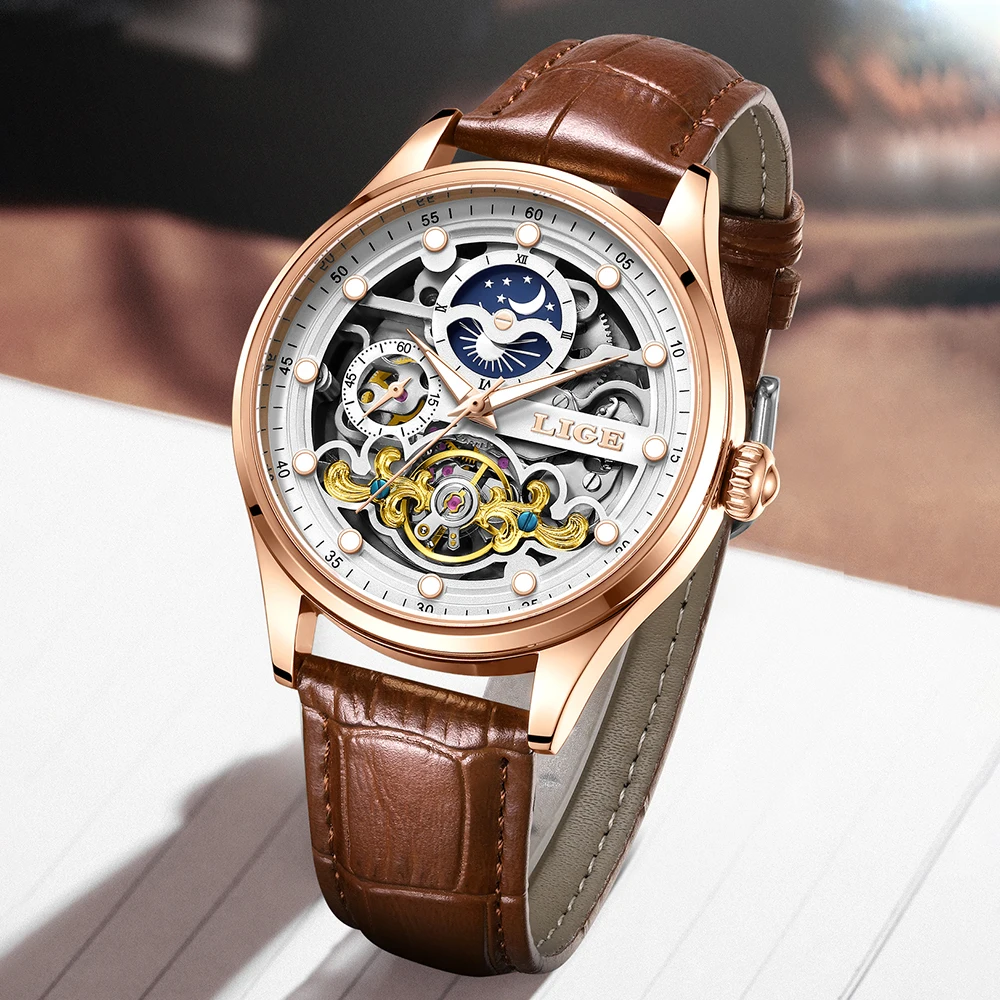 New LIGE Skeleton Mechanical Automatic Watch Men Tourbillon Sport Clock Watches Casual Business Moon Wrist Watch Relojes Hombre - الصورة 4