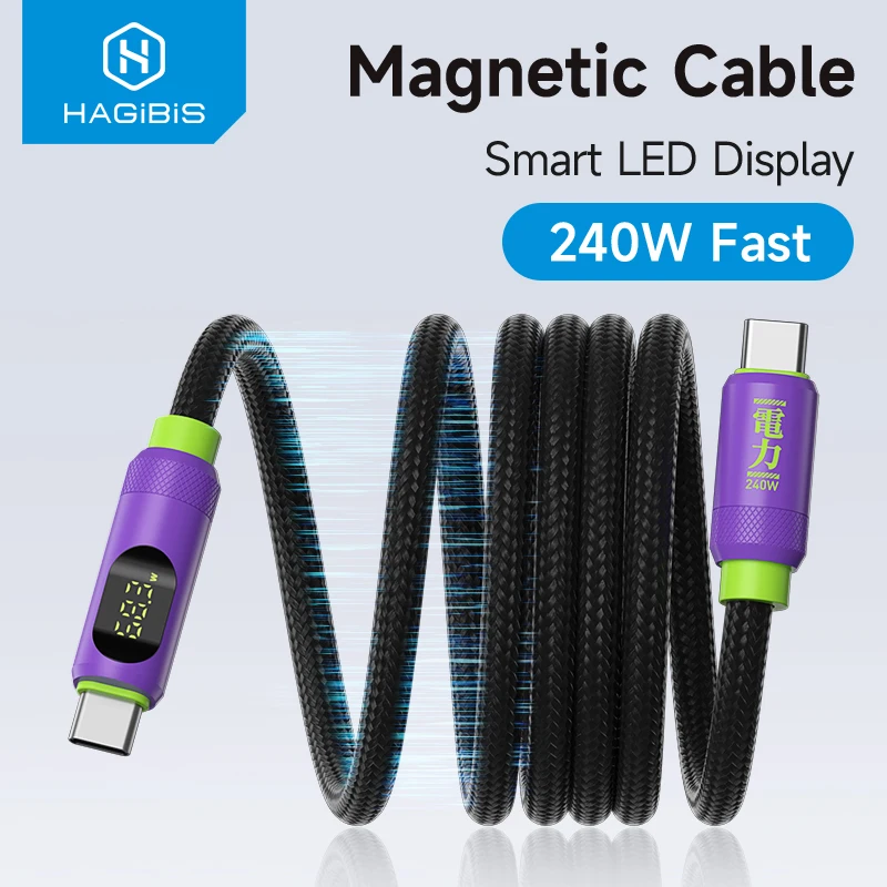 Hagibis Magnetic USB C to USB C Cable With LED Display USB C Charger Cable Type-c PD 240W Fast Charging Cord For iPhone 15/16/17