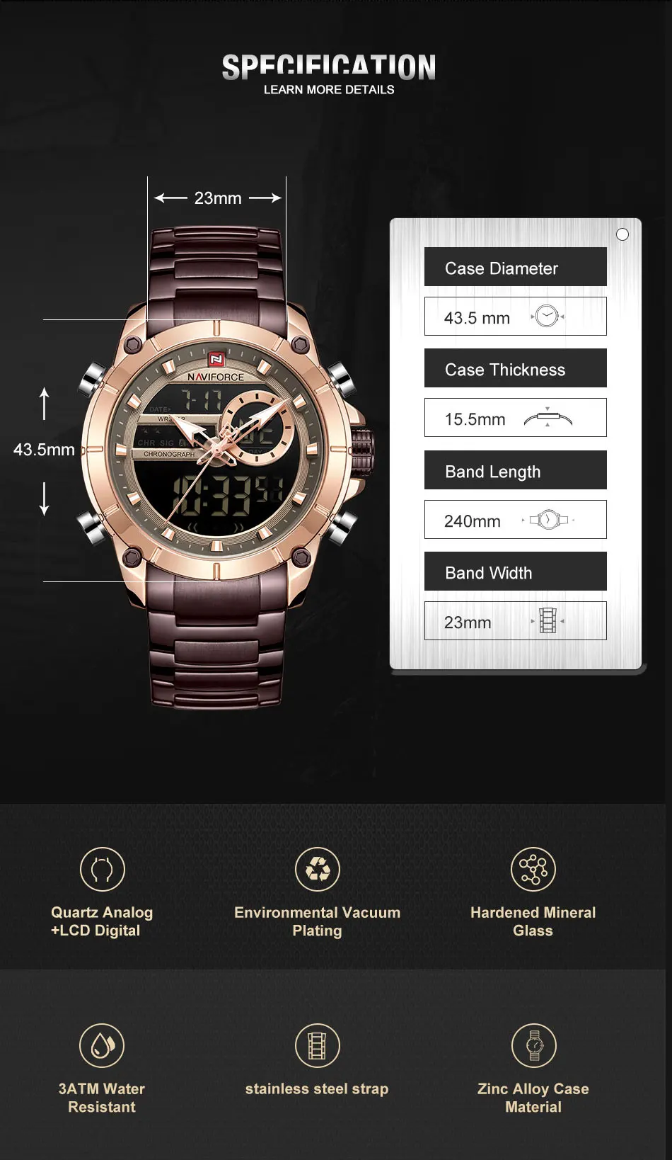 NAVIFORCE Top Luxury Men's Luxury Sports Military Watch All Steel Waterproof Shi Ying Digital Double Display Clock Relogio Mascu - الصورة 6