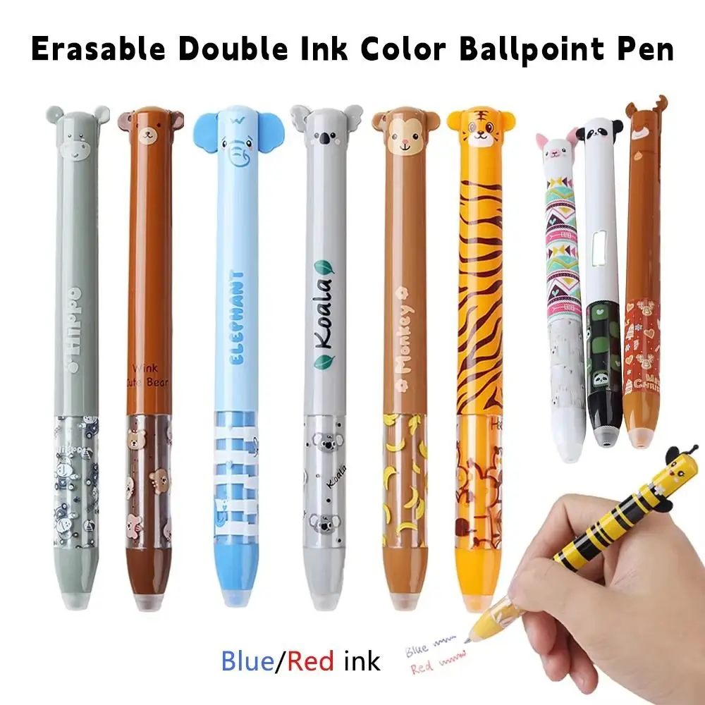 Multifunctional Erasable Ballpoint Pen Animal Design Quick-drying Gel Pen Double Ink Color Pens Writing Tool School Office - الصورة 2