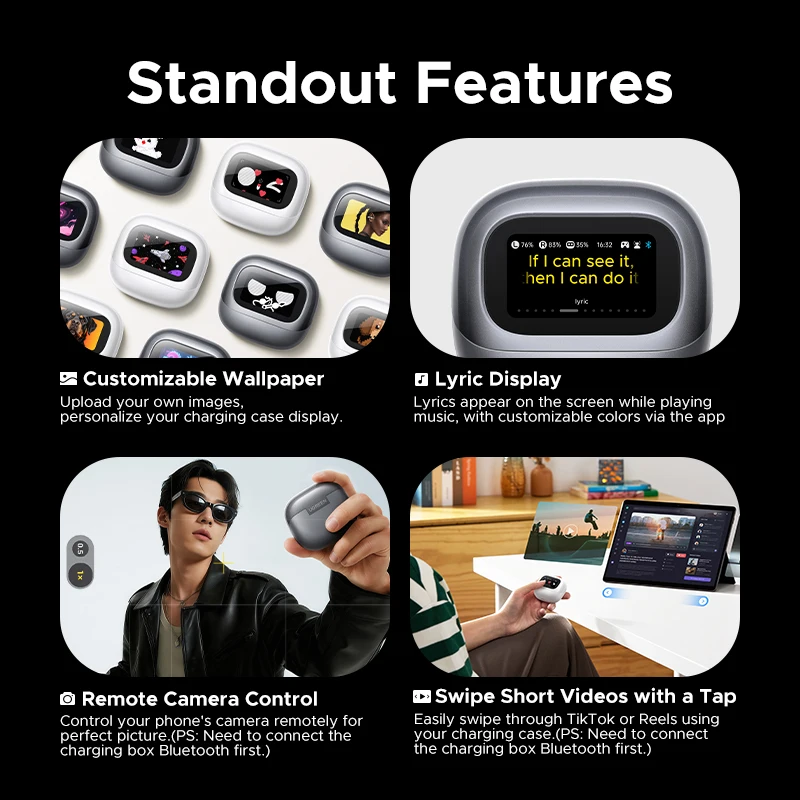 UGREEN Lightbuds Semi-open Adaptive Active Noise Cancellation ANC Wireless Bluetooth Earphones With LCD Full Color Smart Screen - الصورة 4