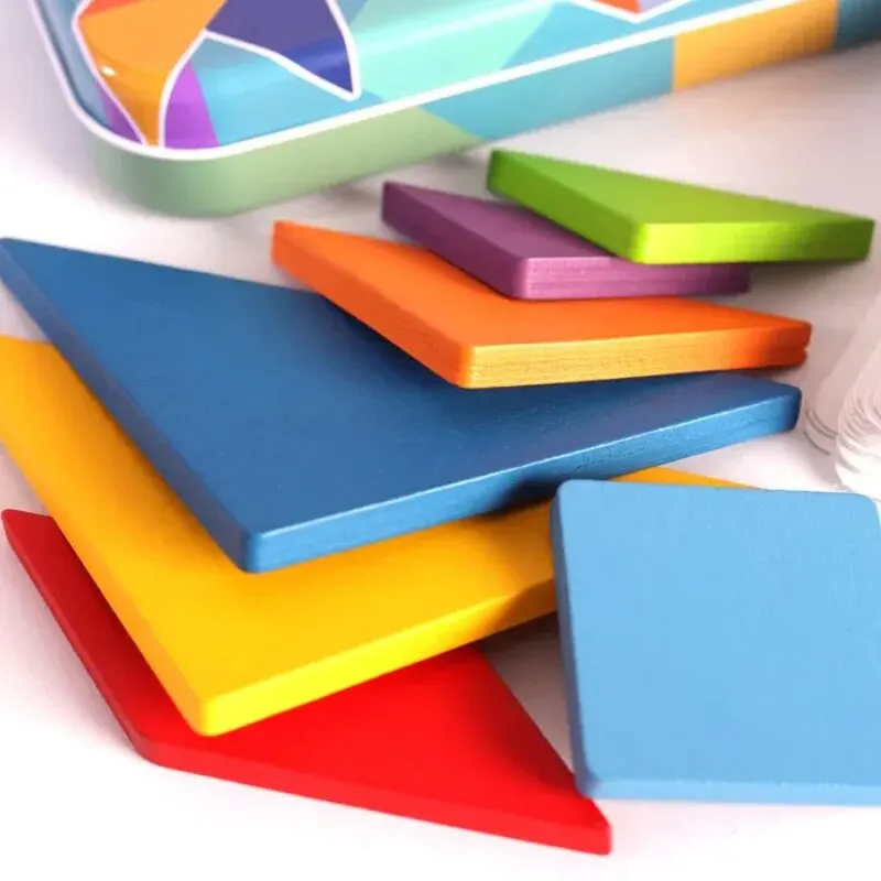 Children's Wooden Colorful Tangram Iron Box Storage Jigsaw Puzzle Puzzle Early Education Intelligence Number Letter Wooden Toys - الصورة 5