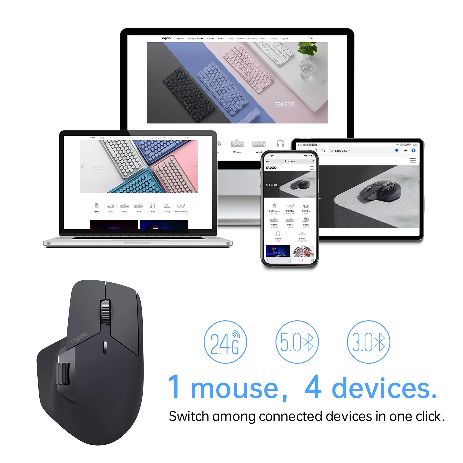 Rapoo MT760/MT760L/MT760Mini/MT760M Rechargeable Multi-mode Bluetooth Wireless Mouse Ergonomic 4000 DPI Support Up to 4 Devices - الصورة 2