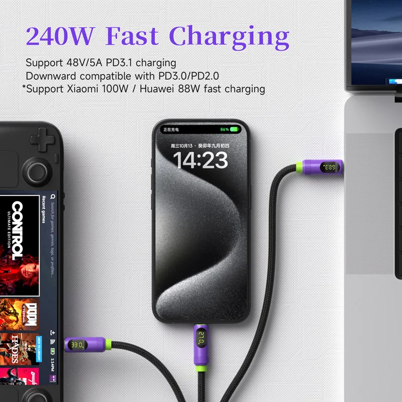Hagibis Magnetic USB C to USB C Cable With LED Display USB C Charger Cable Type-c PD 240W Fast Charging Cord For iPhone 15/16/17 - الصورة 6