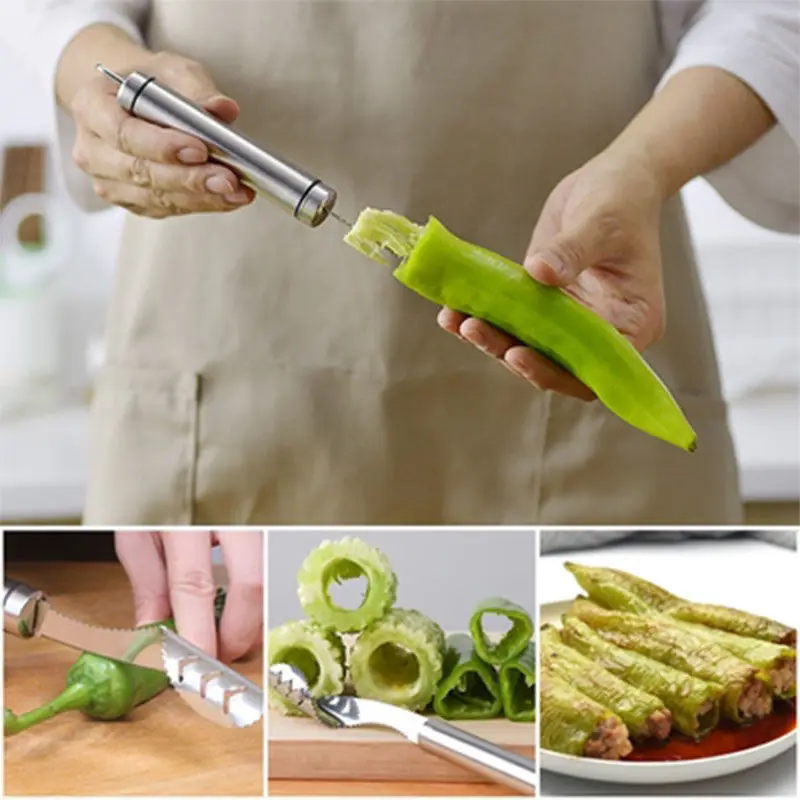 Stainless Steel Corer Chili Corer Bitter Gourd Seed Remover Core Digging Knife Green Pepper Cutter Seed Digging Tool Kitchen - الصورة 3