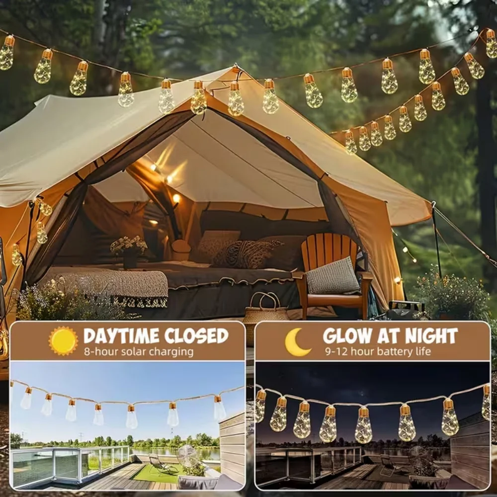 16/10 LED Solar Hemp Rope Fairy String Lights Waterproof Outdoor Decorative Lights With 8 Modes For Patio Garden Party Decor - الصورة 5