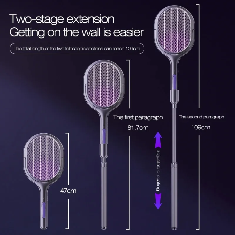 Telescopic Electric Mosquito Swatter & UV Trap Lamp, Extendable 109cm, Safe Physical Killer, Rechargeable, Wall Mount No Gap - الصورة 4