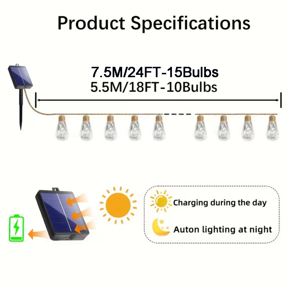 16/10 LED Solar Hemp Rope Fairy String Lights Waterproof Outdoor Decorative Lights With 8 Modes For Patio Garden Party Decor - الصورة 6