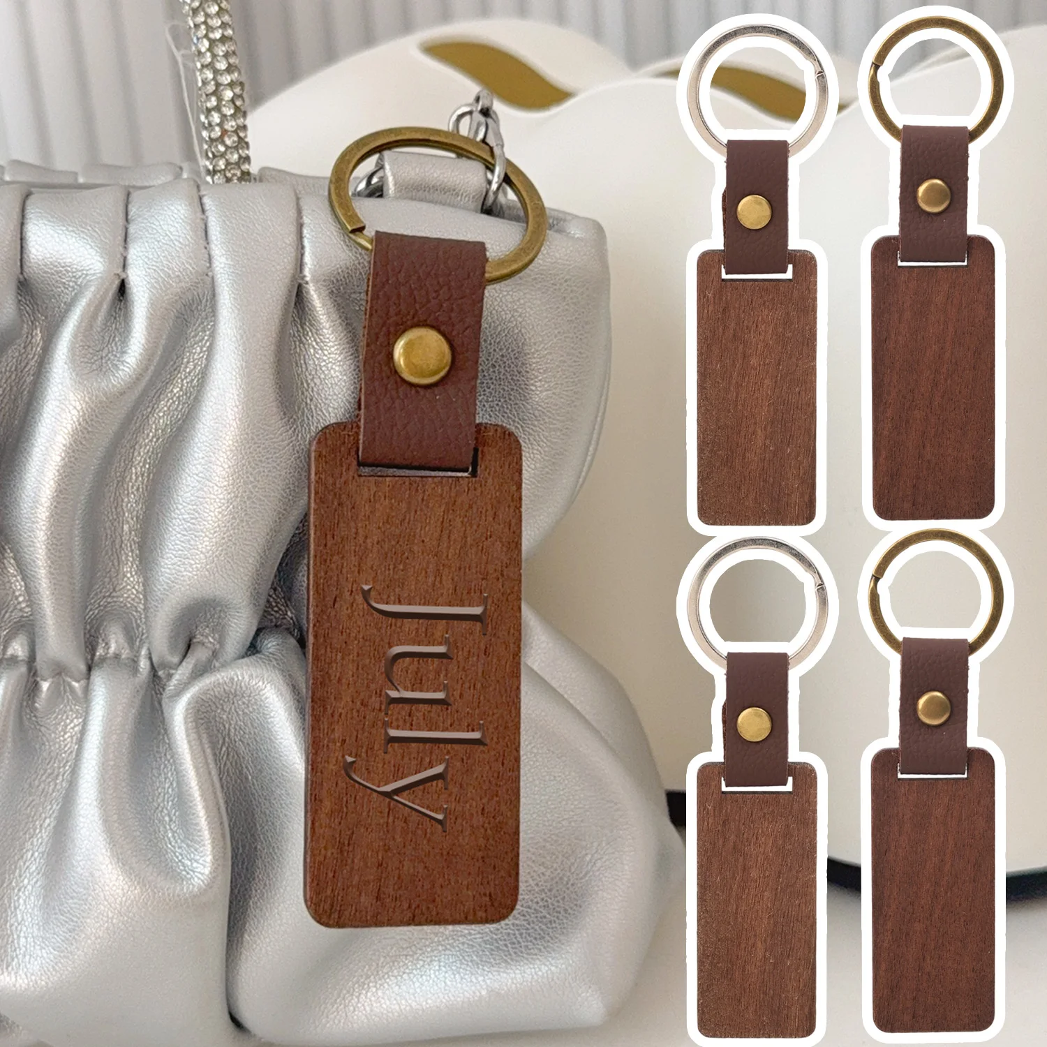 DIY Souvenir Blank Keychain Wooden PU Leather Strap Keyrings Car Pendant Handmade Keyring Jewelry Making Crafts Souvenir Gifts - الصورة 3