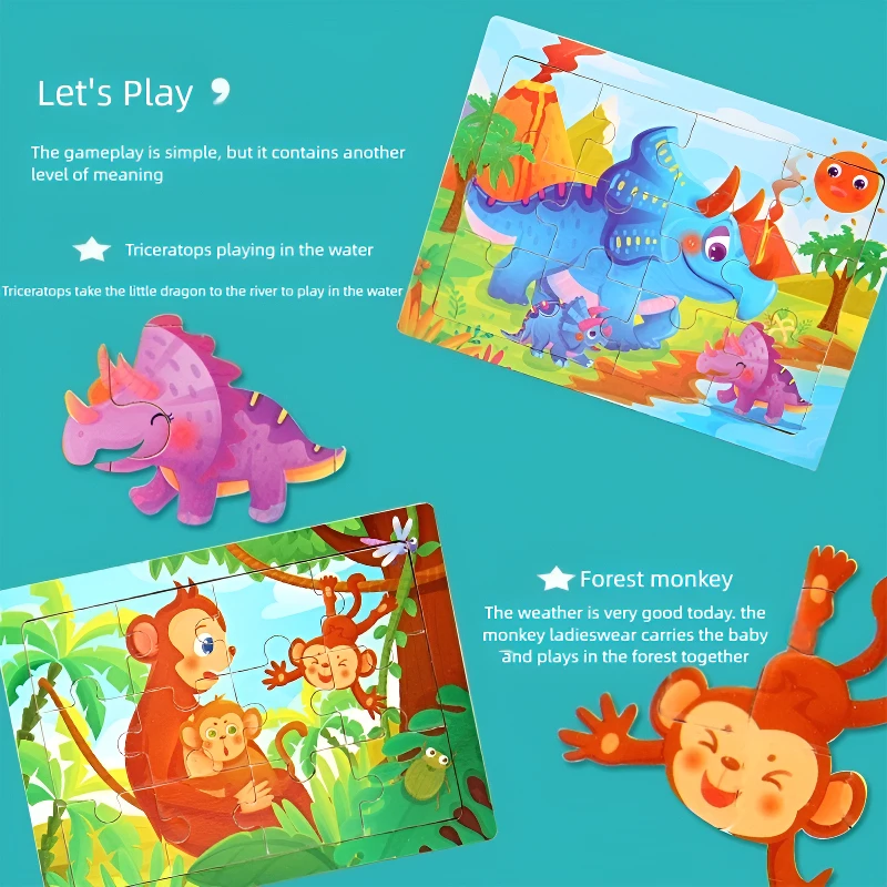 15*11cm Montessori Wooden 3D Puzzle Cartoon Animal Intelligence Jigsaw Game Early Learning Educational Toys For Children - الصورة 5