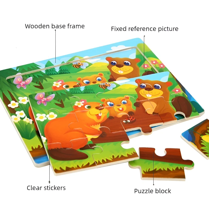 15*11cm Montessori Wooden 3D Puzzle Cartoon Animal Intelligence Jigsaw Game Early Learning Educational Toys For Children - الصورة 3