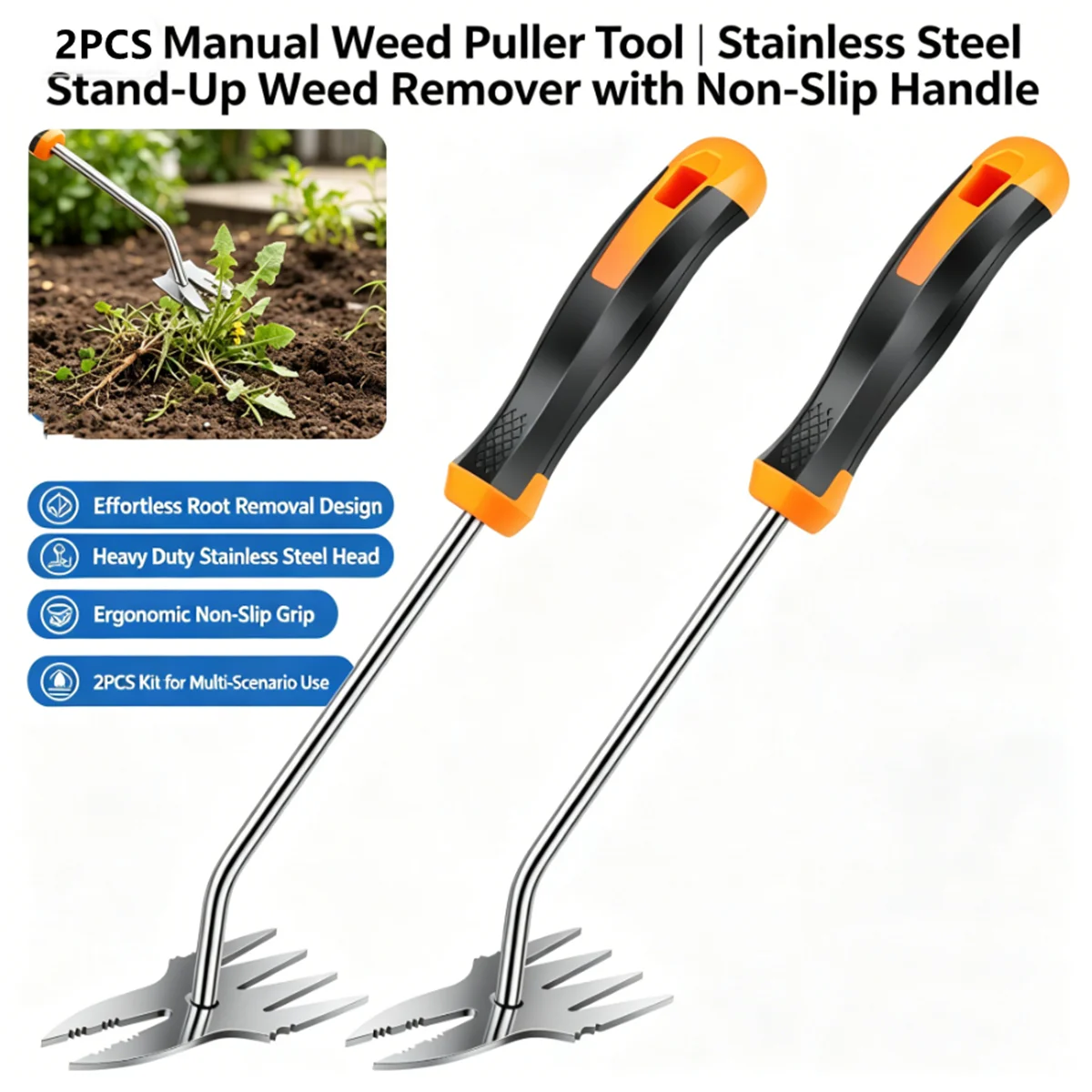 2 In 1 Garden Rake Manual WSeed Grass Rooting Tool Puller 4/2 Teeth Weeding Removal Hand Gardening Loose Soil Tool Weeder