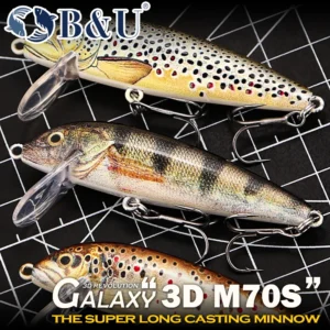 B&U Fishing Lures Sinking Minnow, 3D Lifelike Long Casting Hard Bait with Treble Hooks for Freshwater Saltwater Bass Trout Pike
