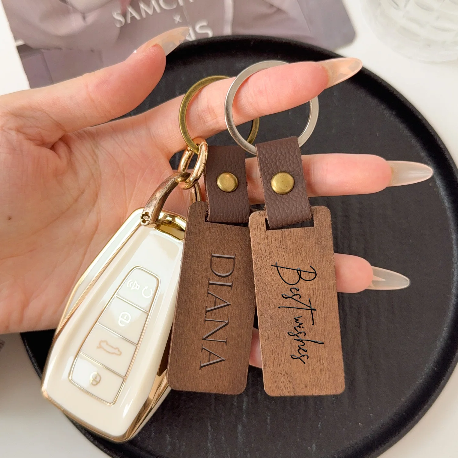 DIY Souvenir Blank Keychain Wooden PU Leather Strap Keyrings Car Pendant Handmade Keyring Jewelry Making Crafts Souvenir Gifts - الصورة 5