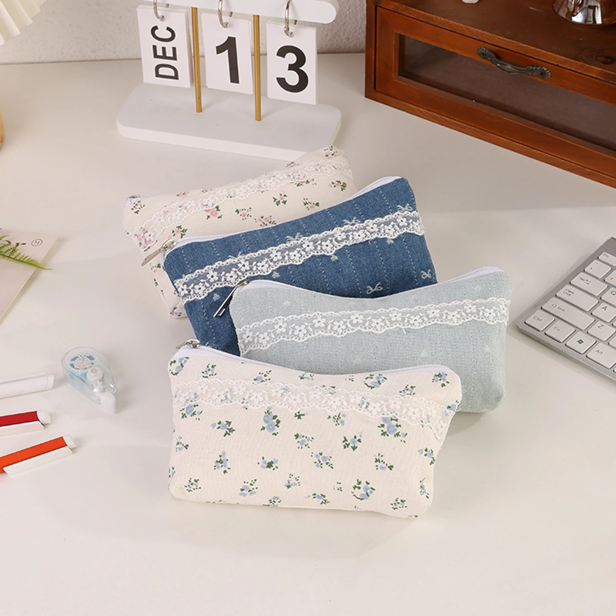 Exquisite and cute bow-patterned pencil case, floral and green decorated portable pencil case, storage for study office supplies