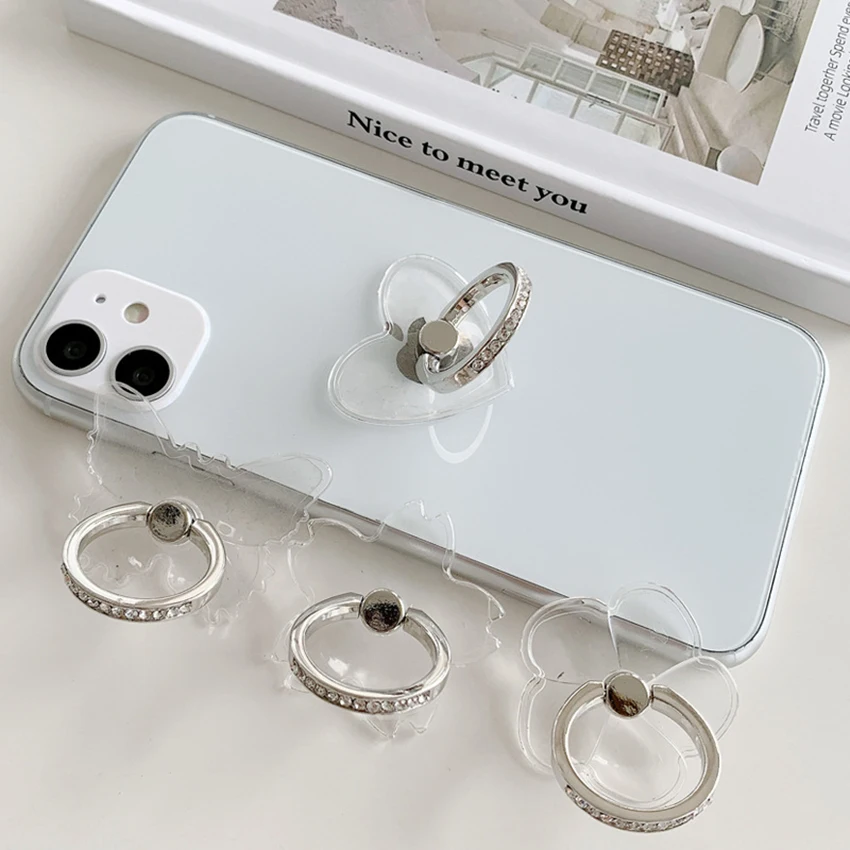 Cell Phone Ring Holder Stand, 360 Degree Rotation Finger Ring Kickstand, Metal Phone Grip with Crystal Diamonds, Clear Base