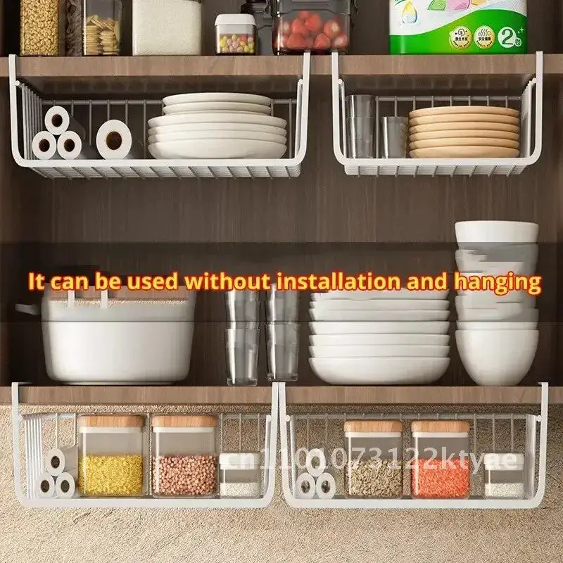1PC Large Capacity Hanging Net Basket Iron Material Kitchen Storage Organizer White Black for Cabinet Wall Wardrobe - الصورة 3