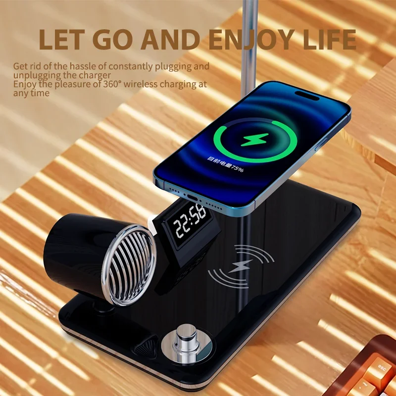 Multifunction LED Desk Lamp Wireless Charger Pad Stand Clock Bluetooth Speaker Night Light USB Port Night Lighting - الصورة 4