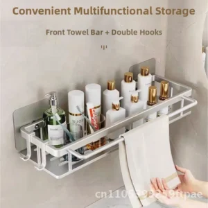 Geya Wall-Mounted Bathroom Storage Rack Punch-Free Kitchen Corner Organizer Modern Minimalist Silver Rectangular Storage Shelf
