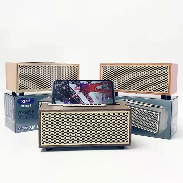 FM/AM Vintage Wood Grain Bluetooth Speaker TWS Wireless Subwoofer Portable Radio Gift Stereo Mobile Phone Stand Speaker - الصورة 2