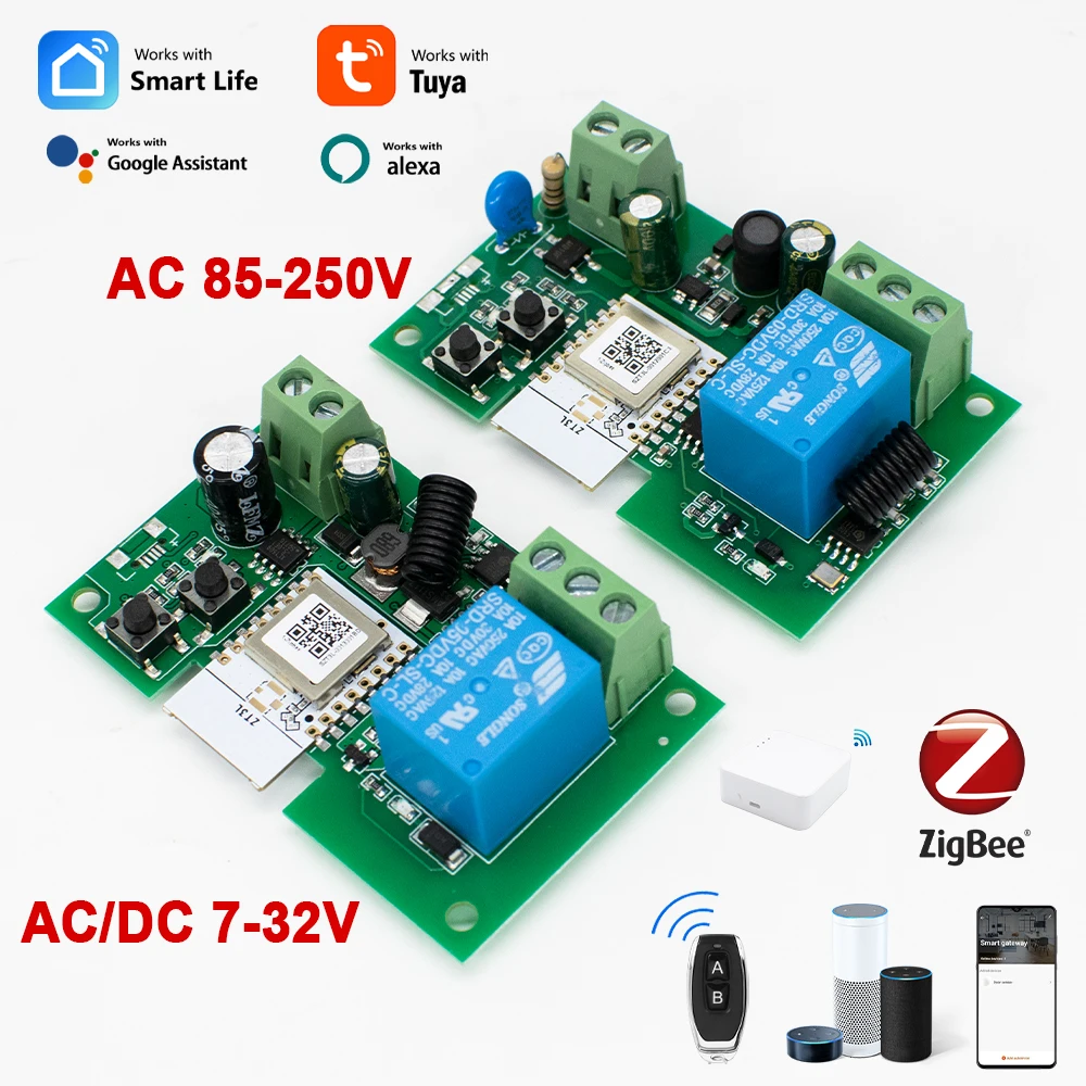 Alexa Smart Switch Zigbee Smart Home 1CH Intelligent Switch 220V 7-32V 85-250V 10A Wireless Relay Module Tuya APP Controller