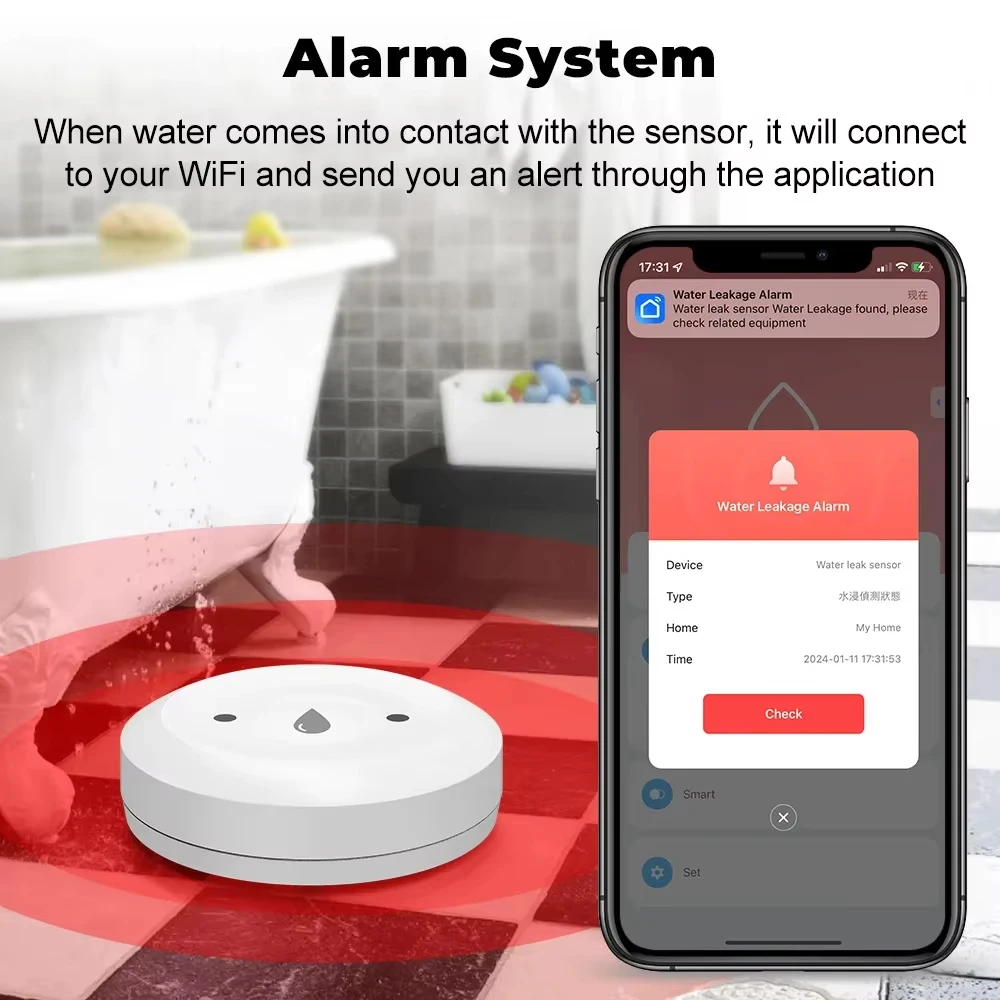 Tuya ZigBee 3.0 Water Leak Detector Smart Flood Sensor App Remote Monitor for Kitchen/Bathroom with Home Assistant Zigbee2mqtt - الصورة 4