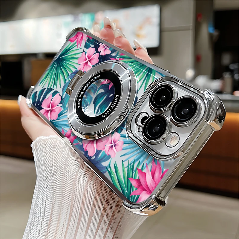 Flower Leaves Print Phone Case For iPhone 14 12 Pro Max 14 Plus 13 Mini 11 Pro SE 2020 2022 Stand Holder Plating Clear Cover