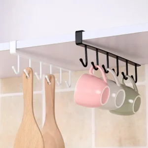 6-Hook Coffee Cup Holder | Black & White Hooks Shelf, Multifunctional Kitchen Cabinet Organizer & Storage Hanger (Space-Saving E