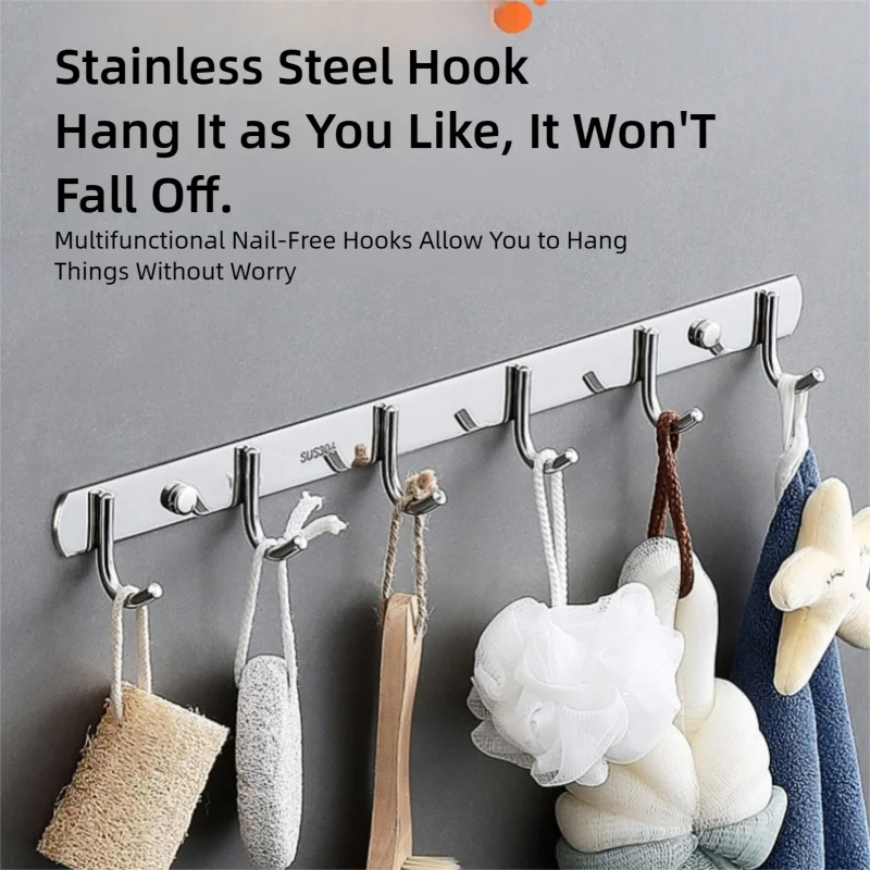 Steel-colored row hooks Bathroom hooks Clothing hooks Hanger Organizer shelf Storage shelf Wall rack Kitchen accessories