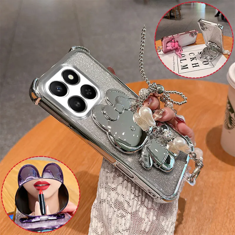 Fashion Cute 3D Bunny Mirror Stand Phone Case For Honor X7d X7c 200 Smart Glitter Anti Drop Cover With Pearl Chain Girly Style - الصورة 3