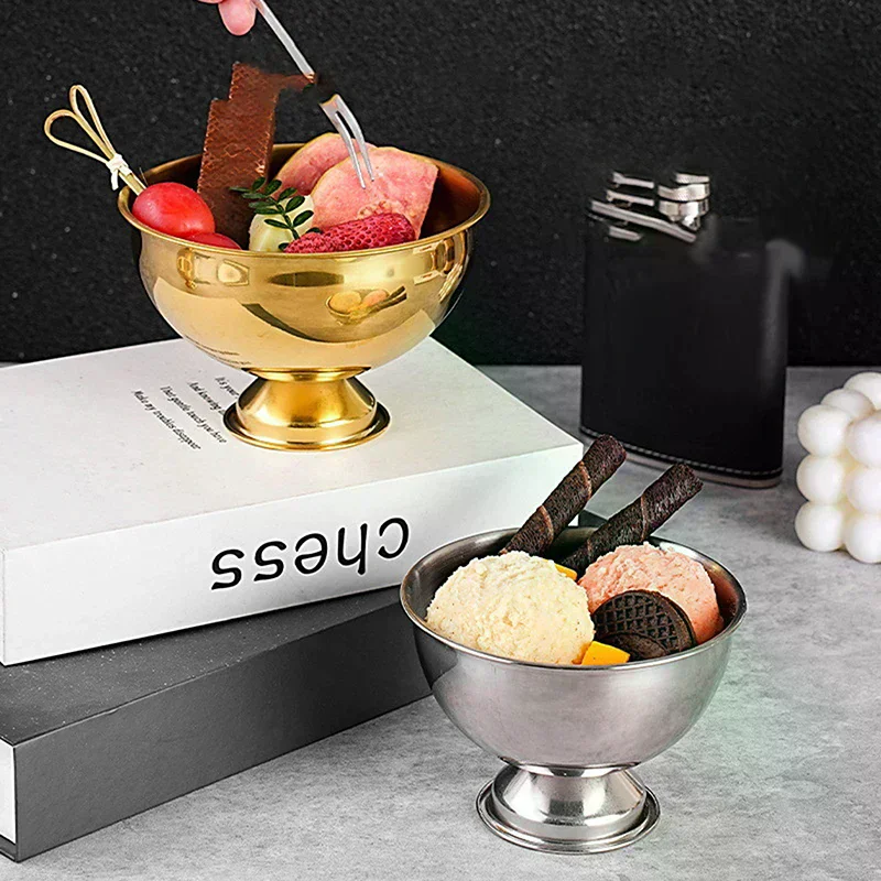 Salad Cup Safe Stainless Steel Ice Cream Cup Gold Silver Dessert Bowl With Ice Cream Spoon Accessories Household Kitchen Tools - الصورة 4