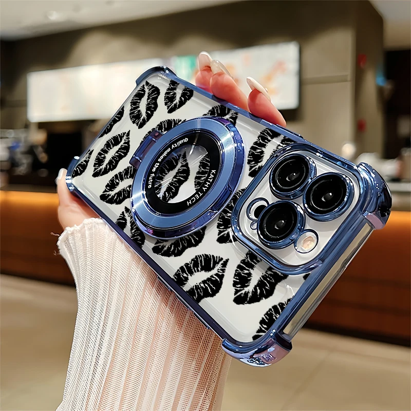 Stand Holder Phone Case For iPhone 14 Plus 12 13 Mini 11 Pro Max SE 2020 2022 Red Kiss Lips Pattern Shockproof Plating Cover - Image 2