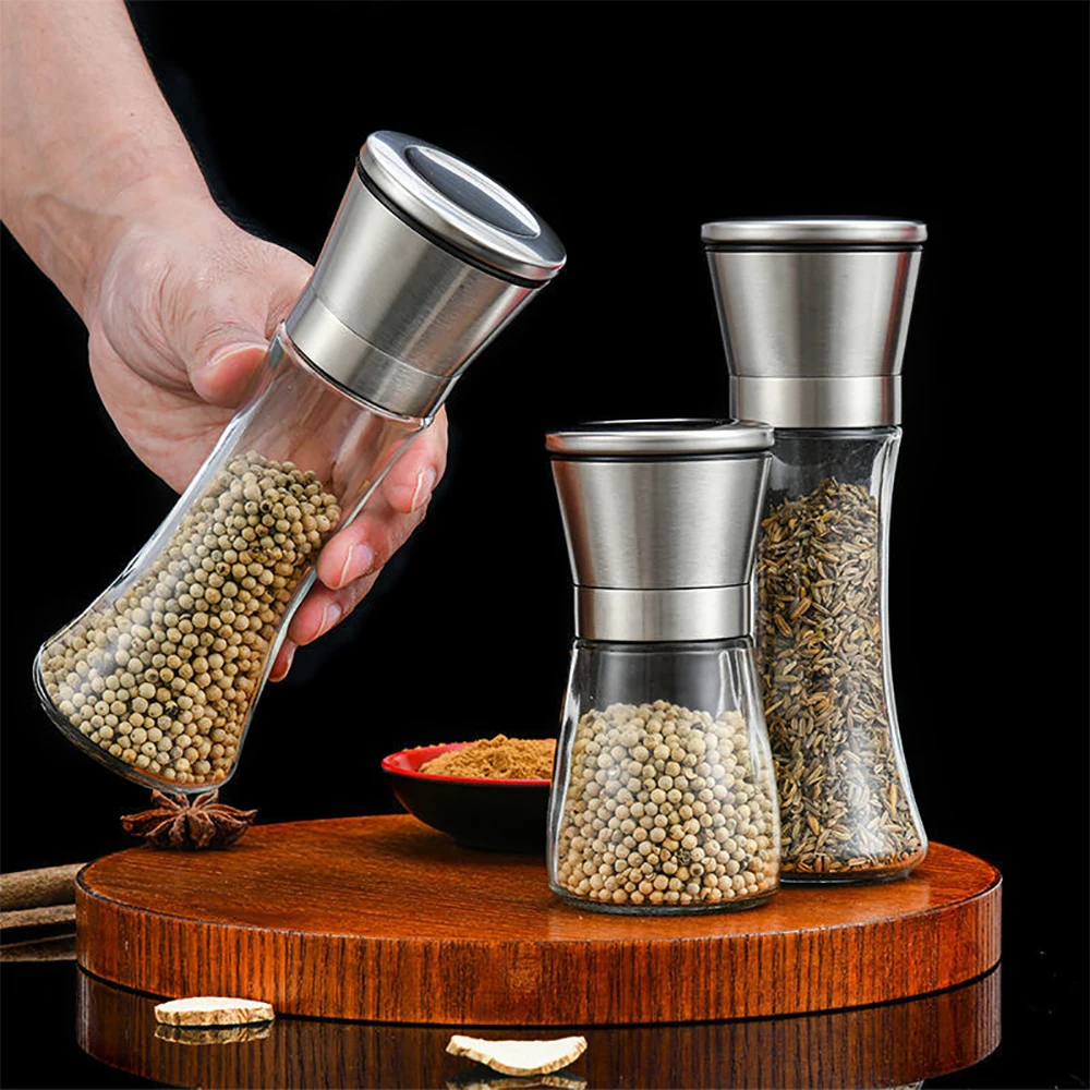 Grinder Stainless Steel Salt and Pepper Mill Manual Food Herb Grinders Spice Jar Containers Kitchen Gadgets Spice Bottles Glass - الصورة 3